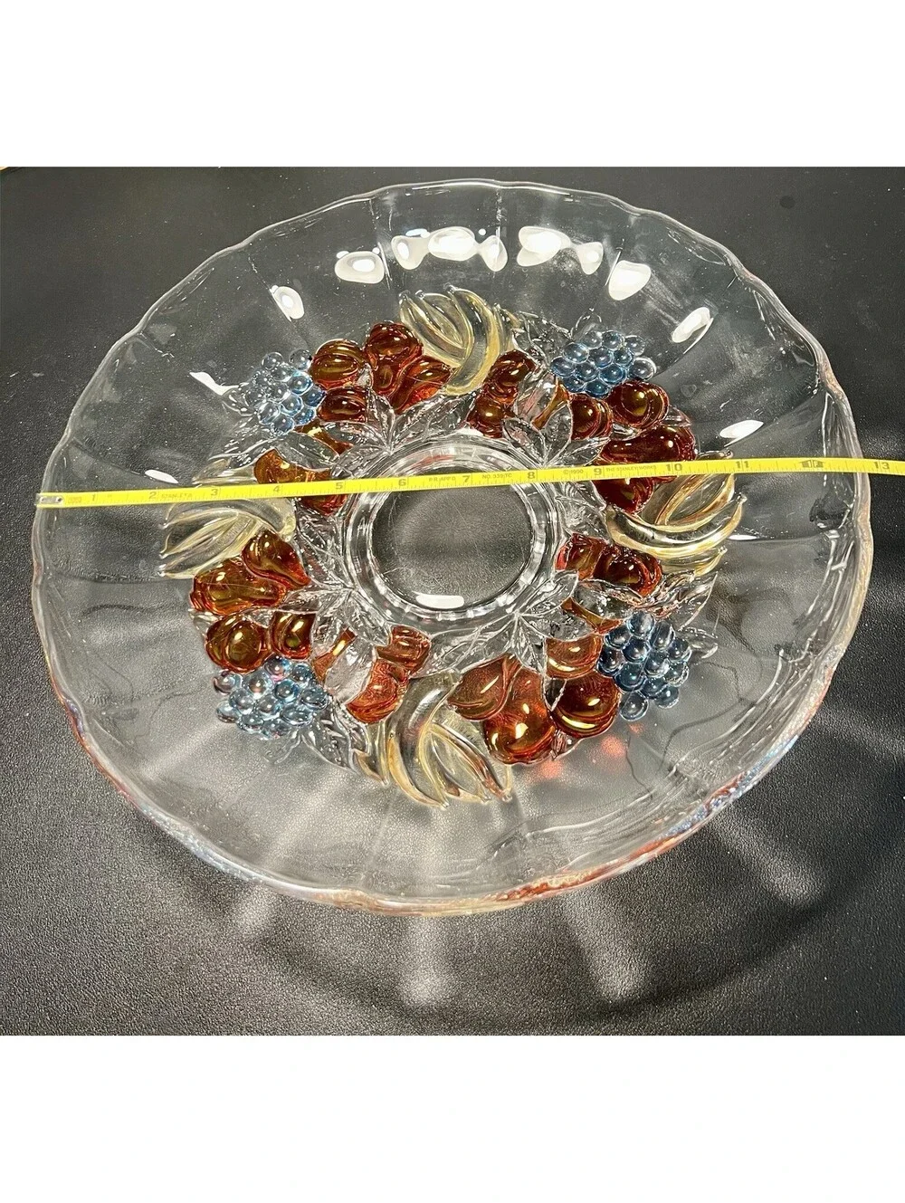 Indiana Glass 1960s Garland Amber Red Blue Fruit Footed Centerpiece Bowl, 13”